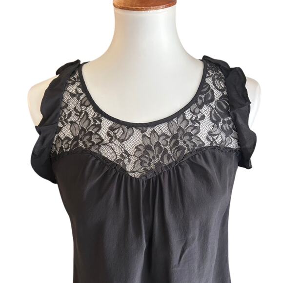 Y2K Black Silk Sleeveless Blouse – Lace Yoke & Ruffle Trim – Size S - Picture 2 of 5